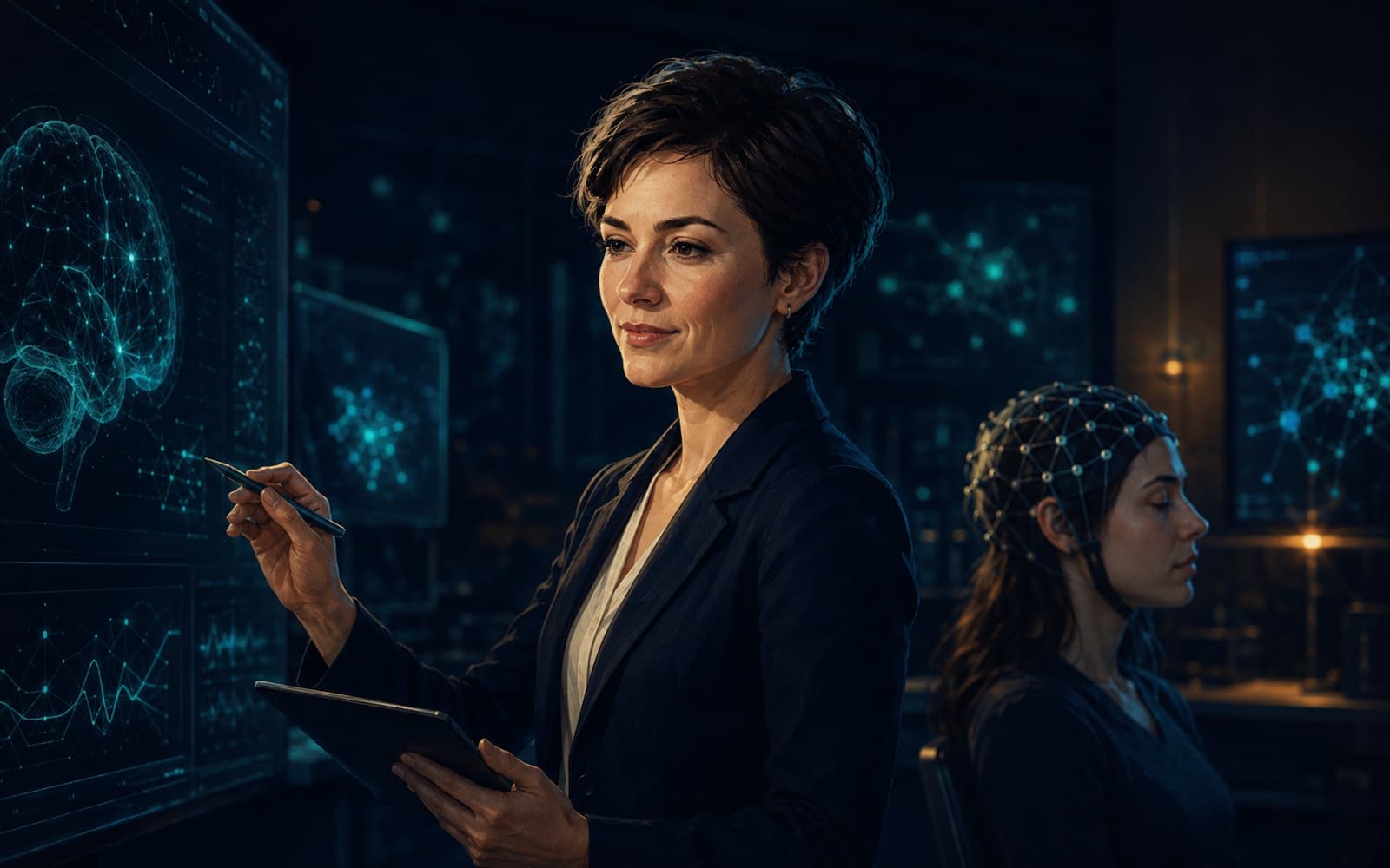 Dr. Mara Ellison in a cognitive science lab, studying brain-activity displays beside a research participant wearing a sensor cap.