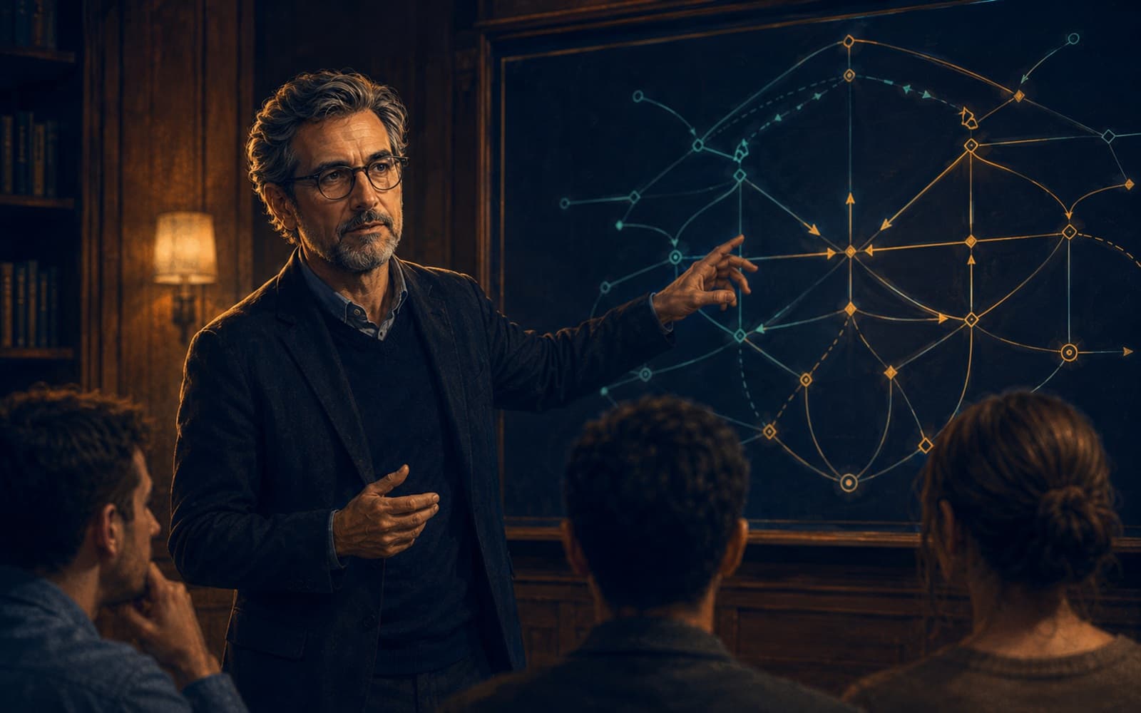 Professor Theo Calder mid-lecture in a wood-panelled seminar room, gesturing toward a board covered in branching arguments.